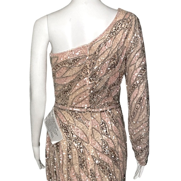 NWT Mac Duggal 4982 Rose Gold Embellished One Shoulder Gown w Sequin Belt - Sz 4 - Picture 6 of 13